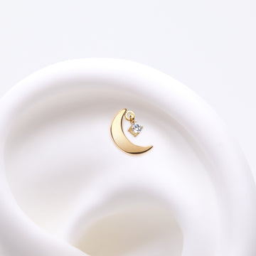 Detail View 1 of Pure24K Implant Grade Titanium OneFit Threadless Crescent Moon Sparkle Dangle Top Part-Clear Gem